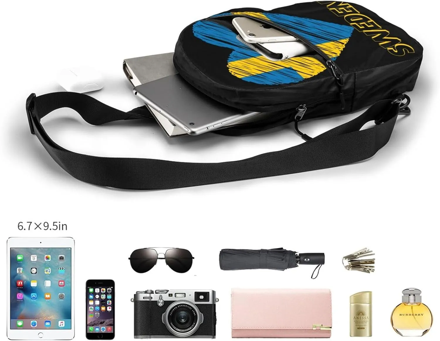 Swedish Sweden Flag Heart Crossbody Bag Portable Sling Bags Foldable Chest Daypack Reusable Sports Shoulder Backpack Diagonally Casual Rucksack Travel Bag