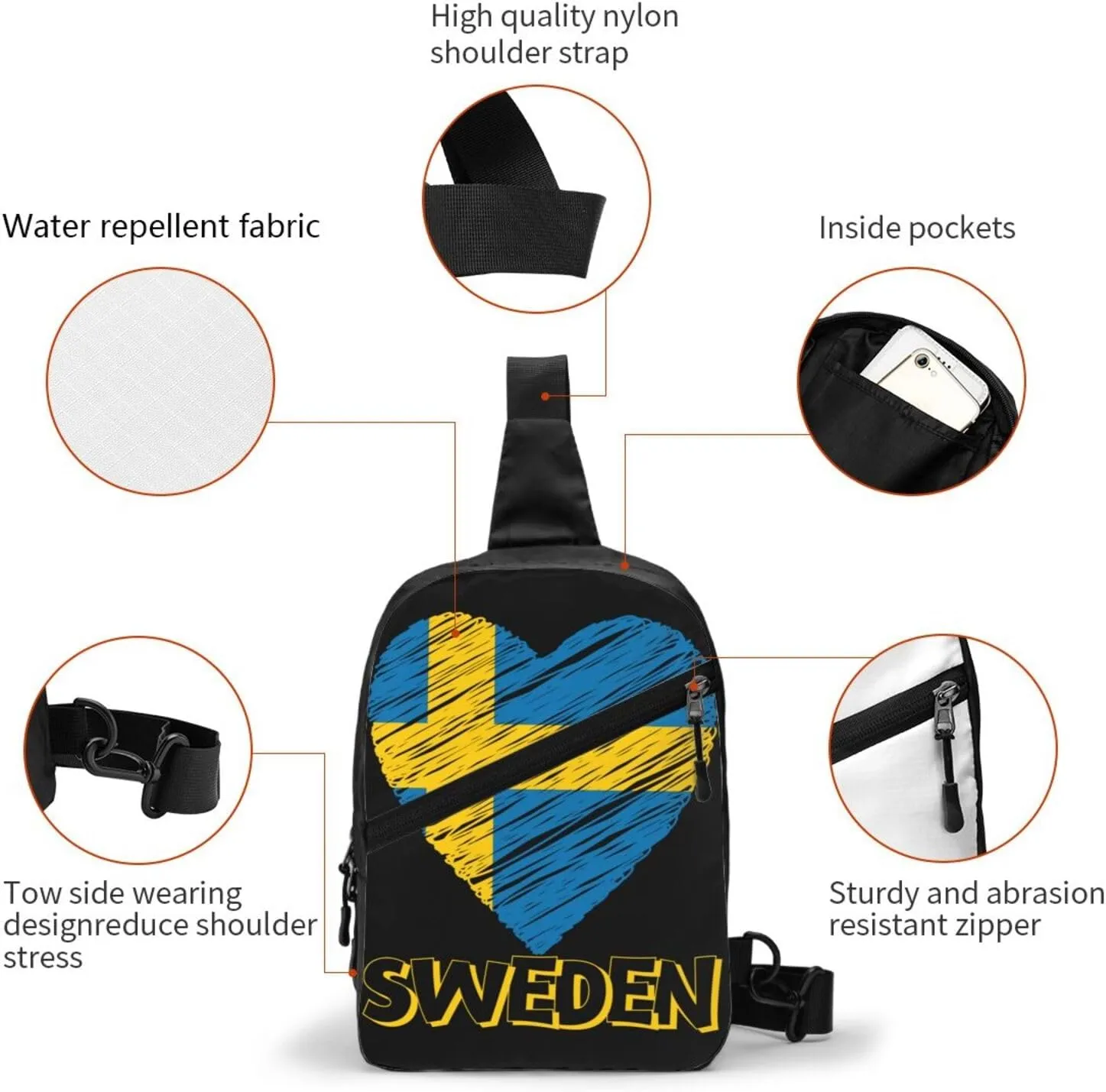 Swedish Sweden Flag Heart Crossbody Bag Portable Sling Bags Foldable Chest Daypack Reusable Sports Shoulder Backpack Diagonally Casual Rucksack Travel Bag