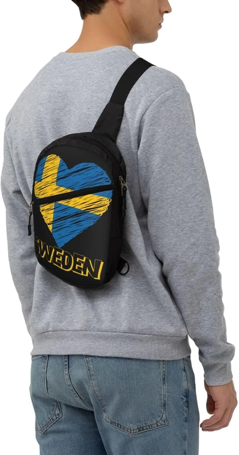 Swedish Sweden Flag Heart Crossbody Bag Portable Sling Bags Foldable Chest Daypack Reusable Sports Shoulder Backpack Diagonally Casual Rucksack Travel Bag