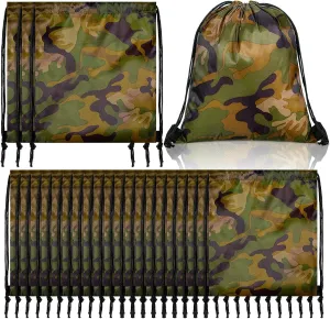 Sweetude 24 Pcs Camo Bag Waterproof Drawstring Bags Bulk, Military Army Bag Lightweight Woodland Camouflage Drawstring Backpack for Men Women Birthday Party Supplies Travel Yoga Gym Sport