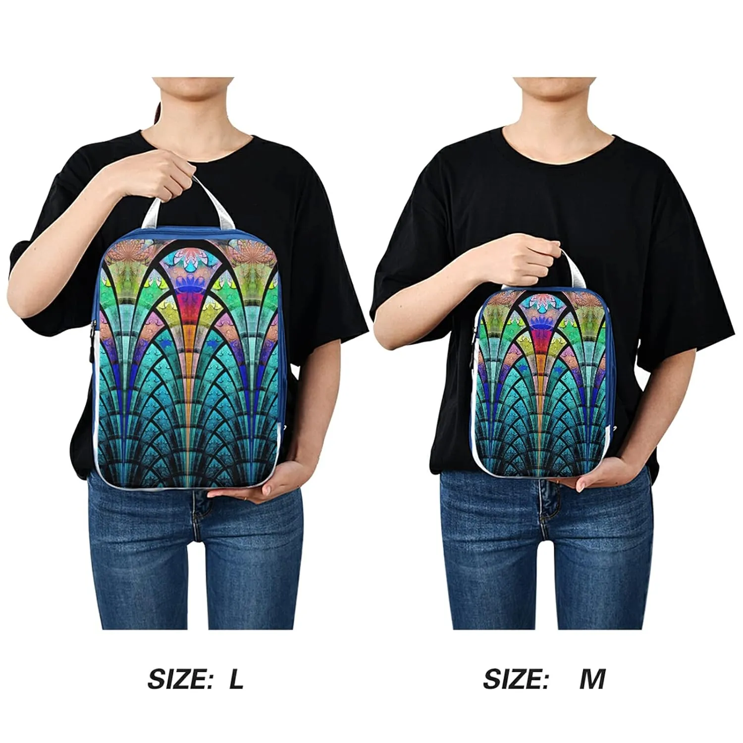 Symmetrical Fractal Flower Black Turquoise Blue Pattern 3 Set Packing Cubes, Waterproof Check Oxford cloth Organizers, Travel Packing Toiletry Storage Bag