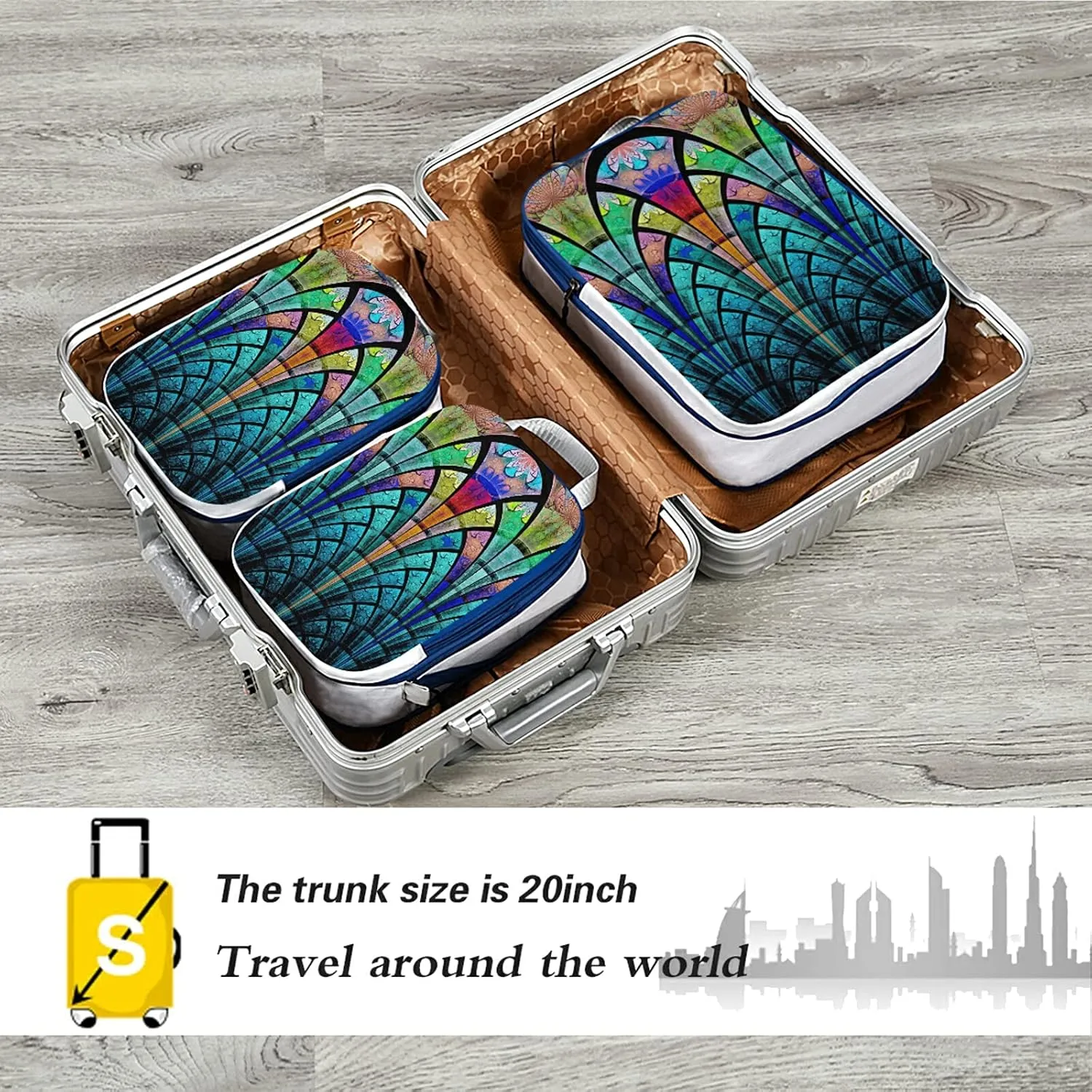 Symmetrical Fractal Flower Black Turquoise Blue Pattern 3 Set Packing Cubes, Waterproof Check Oxford cloth Organizers, Travel Packing Toiletry Storage Bag