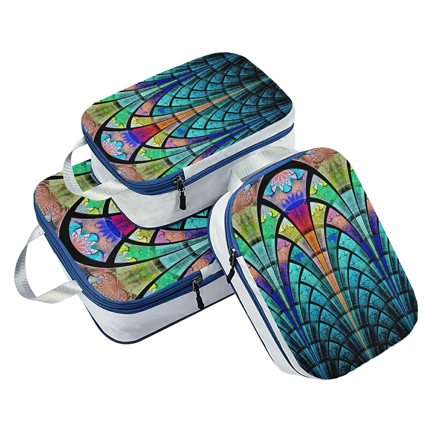 Symmetrical Fractal Flower Black Turquoise Blue Pattern 3 Set Packing Cubes, Waterproof Check Oxford cloth Organizers, Travel Packing Toiletry Storage Bag