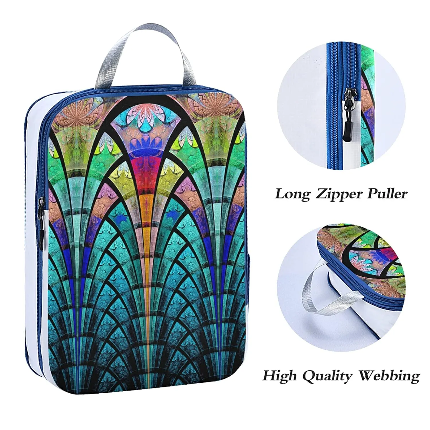 Symmetrical Fractal Flower Black Turquoise Blue Pattern 3 Set Packing Cubes, Waterproof Check Oxford cloth Organizers, Travel Packing Toiletry Storage Bag
