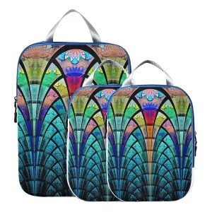 Symmetrical Fractal Flower Black Turquoise Blue Pattern 3 Set Packing Cubes, Waterproof Check Oxford cloth Organizers, Travel Packing Toiletry Storage Bag