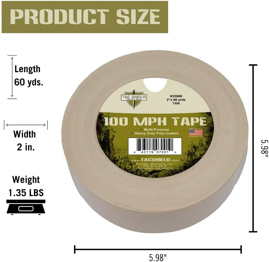Tac Shield Heavy Duty 100 MPH Tape, 60-Yards, 2"-Wide, Weather Resistant, Strong Adhesive Repair Tape for Tactical, Outdoor, and Emergency Use, Made in USA