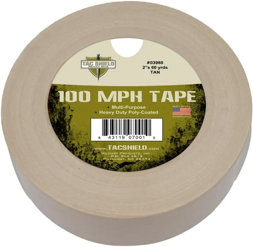 Tac Shield Heavy Duty 100 MPH Tape, 60-Yards, 2"-Wide, Weather Resistant, Strong Adhesive Repair Tape for Tactical, Outdoor, and Emergency Use, Made in USA