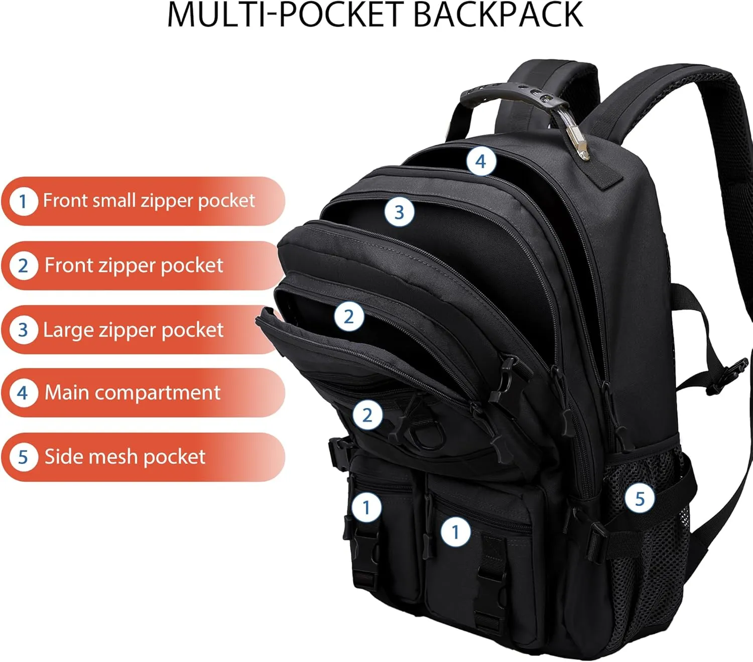 Tactical Backpack for Men MOLLE Nylon Travel Backpack Men's Assault Bag Back Pack with Bottle Holder Daypack,Black