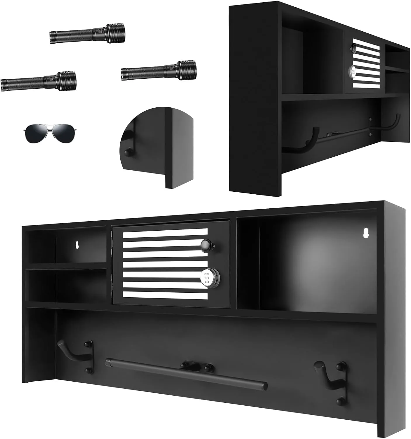 Tactical Duty Gear Rack, Wall Mount Leo Work Vest Stand, Duty Belt Hanger, Helmet Holder with Combination Locker, Thicken Iron Frame, Black