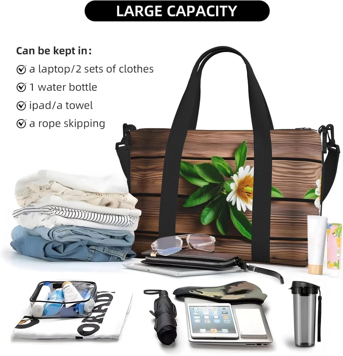 Teal Flower On Plank Travel Bags, Weekender Carry On For Women, Sports Gym Bag, Workout Duffel Bag,Overnight