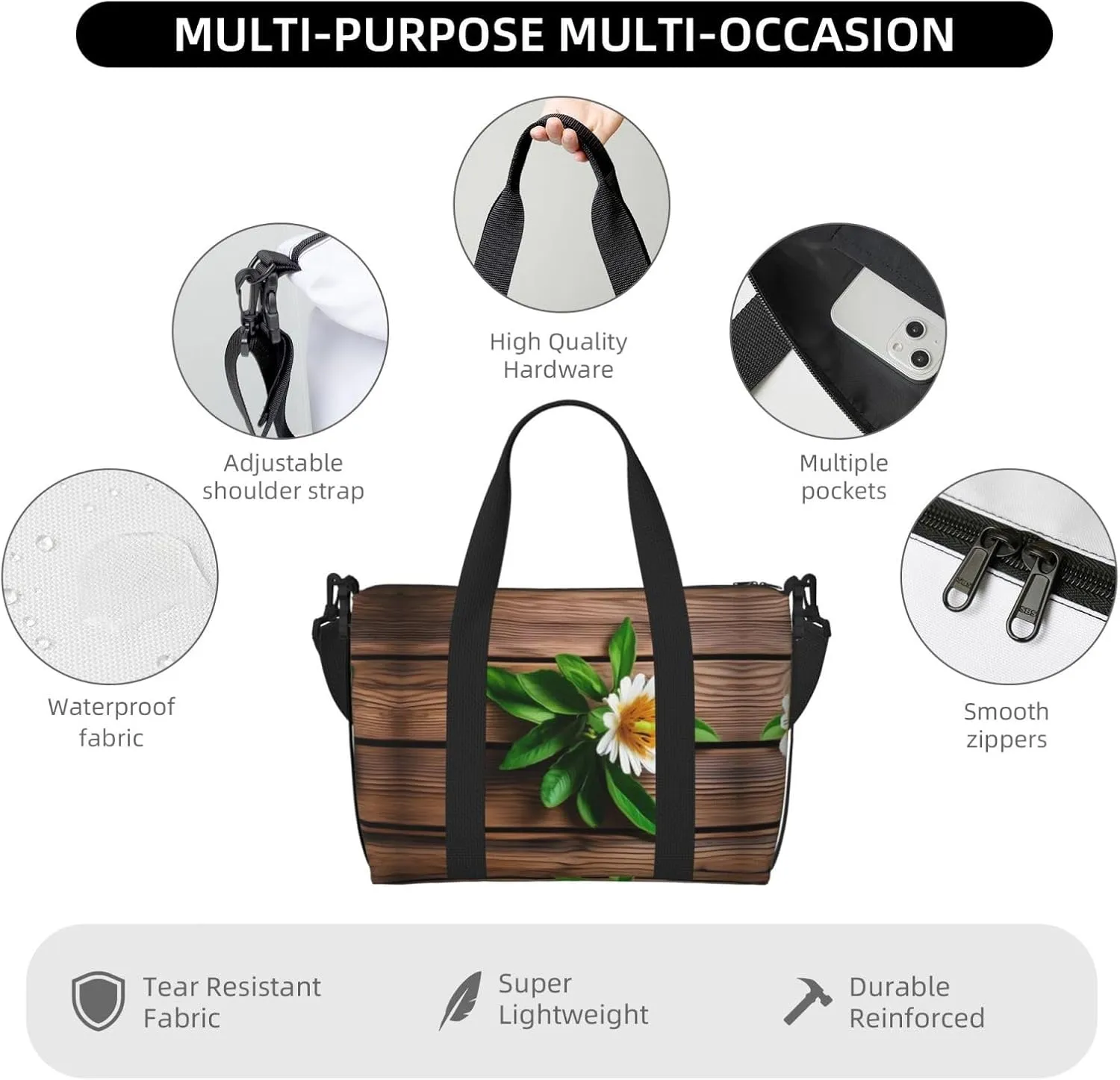 Teal Flower On Plank Travel Bags, Weekender Carry On For Women, Sports Gym Bag, Workout Duffel Bag,Overnight