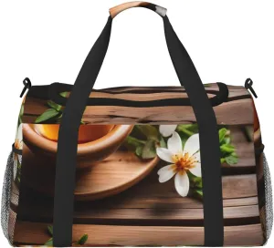 Teal Flower On Wooden Plank Print Travel Hand Travel Bag Weekender Overnight Carry On Tote Foldable Crossbody Bag