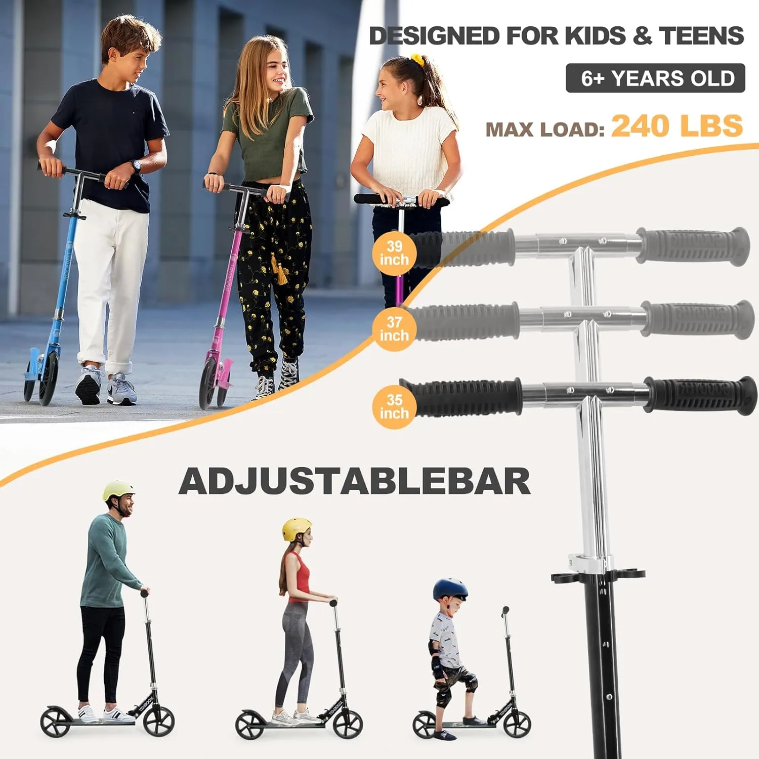 TENBOOM Kick Scooter for Ages 6 ,Kid,Teens & Adults. Max Load 240 LBS. 8IN Big Wheels for Kids, Teen and Adults, 3 Adjustable Levels
