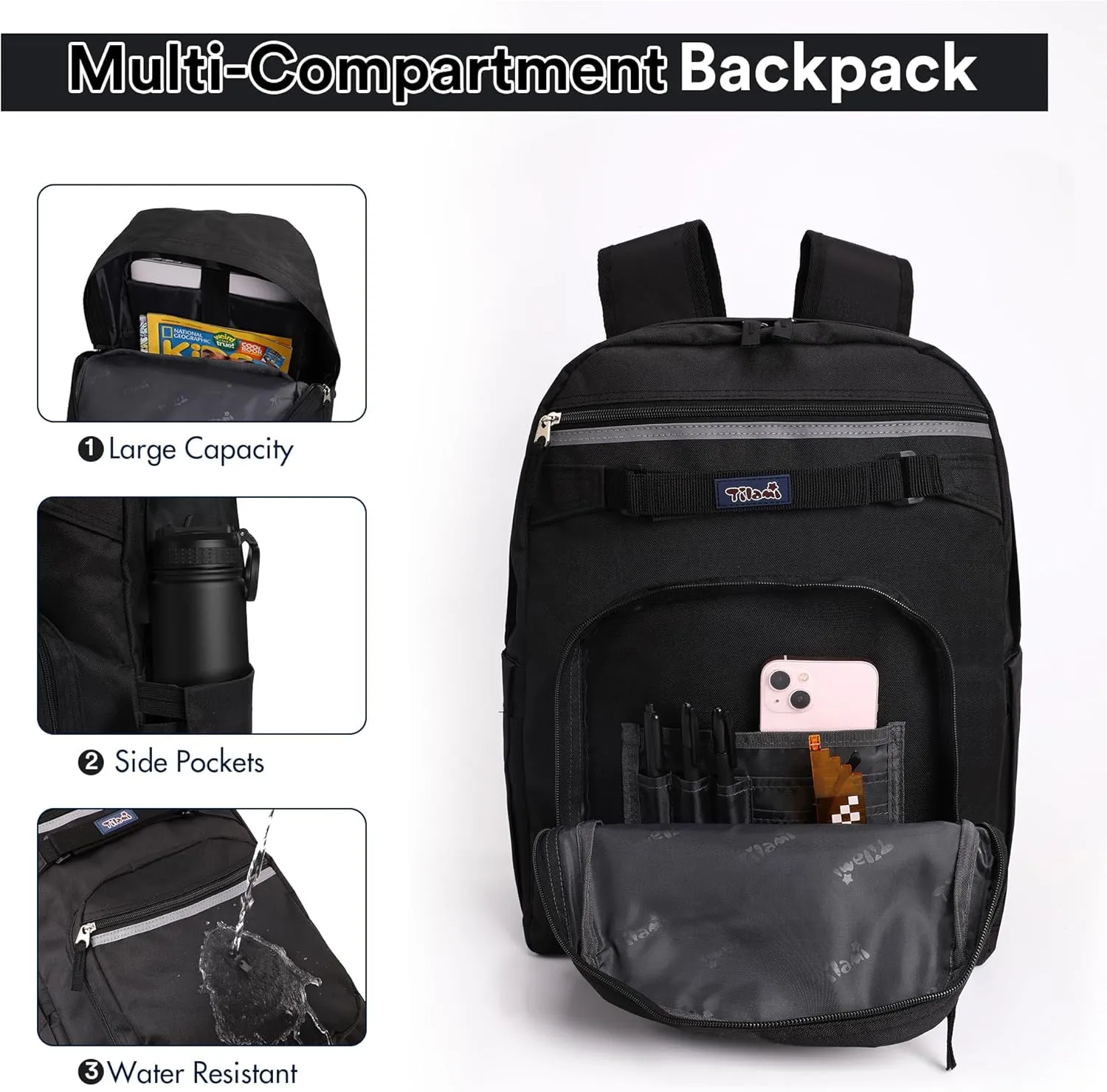 Tilami Basic Backpack for Travel, 15 inch Laptop Bag, 20L Water Resistant Bookbag for Women and Men,Black