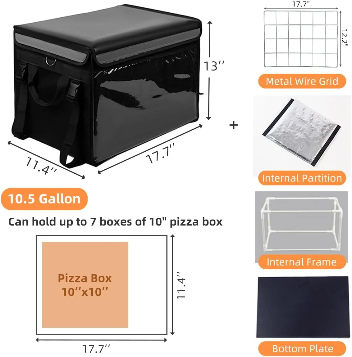 TooCust Large Insulated Food Delivery Bag with Fixed Base and Internal Frame, L-17.7"x11.4"x13", Commercial Pizza Delivery Bag w/Divider, Waterproof & Foldable Catering Bag Food Deliveries, Black