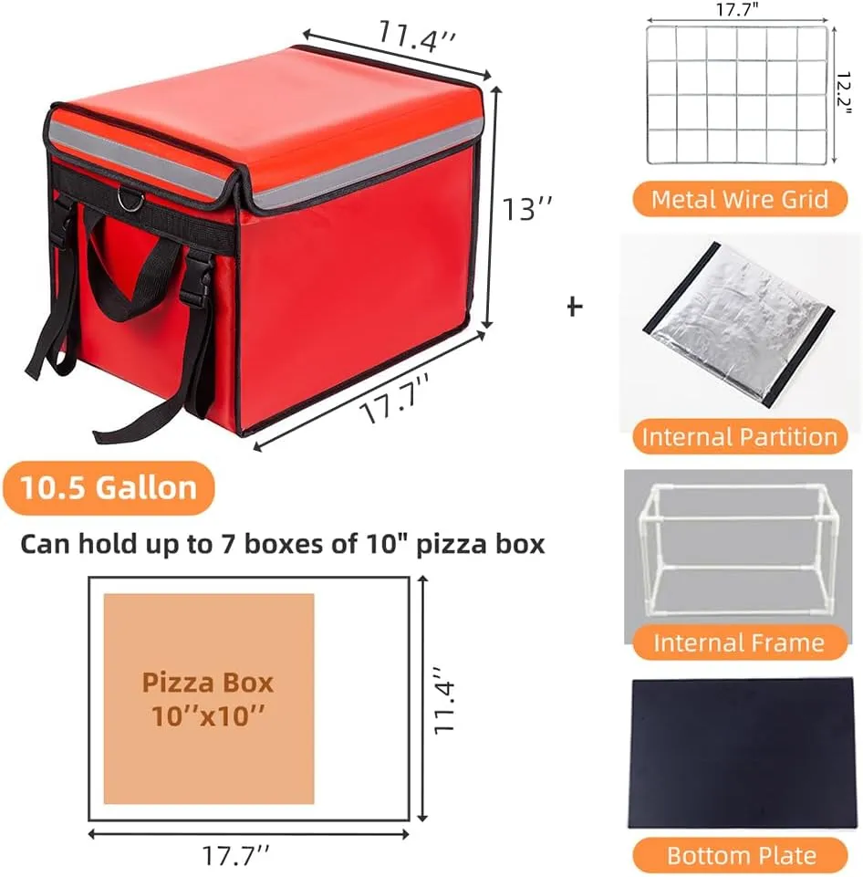 TooCust Large Insulated Food Delivery Bag with Fixed Base and Internal Frame, L-17.7"x11.4"x13", Commercial Pizza Delivery Bag w/Divider, Waterproof & Foldable Catering Bag Food Deliveries, Red