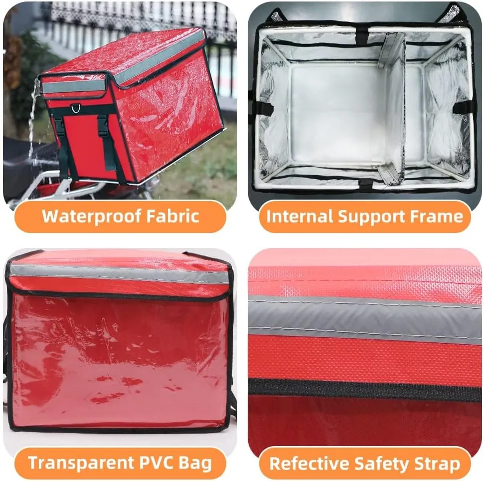 TooCust Large Insulated Food Delivery Bag with Fixed Base and Internal Frame, XXL 19.7" x 15" x 15", Commercial Pizza Delivery Bag w/Divider, Waterproof & Foldable Catering Bag Food Deliveries, Red