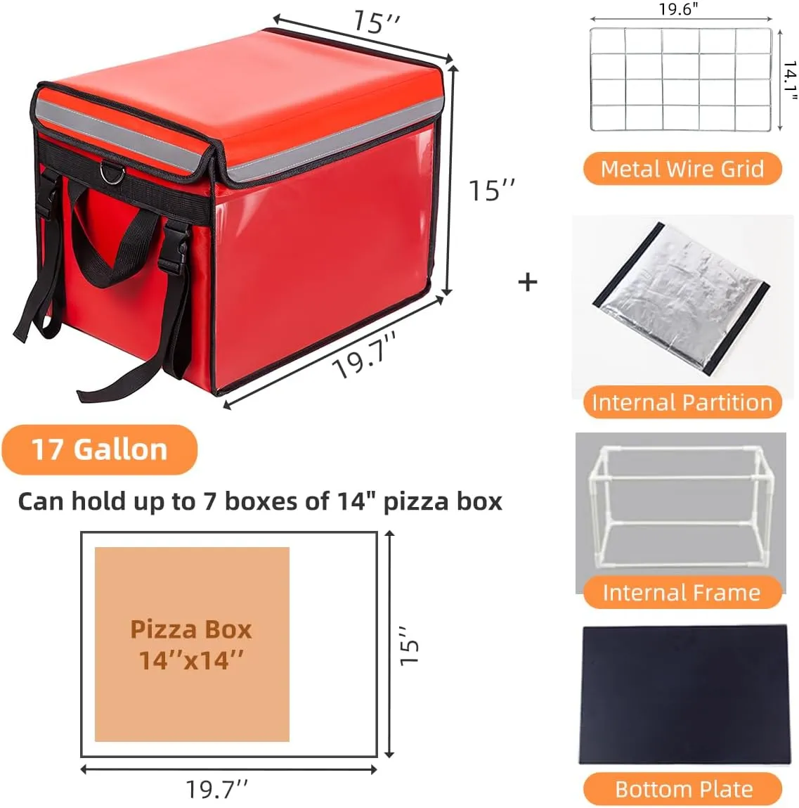 TooCust Large Insulated Food Delivery Bag with Fixed Base and Internal Frame, XXL 19.7" x 15" x 15", Commercial Pizza Delivery Bag w/Divider, Waterproof & Foldable Catering Bag Food Deliveries, Red