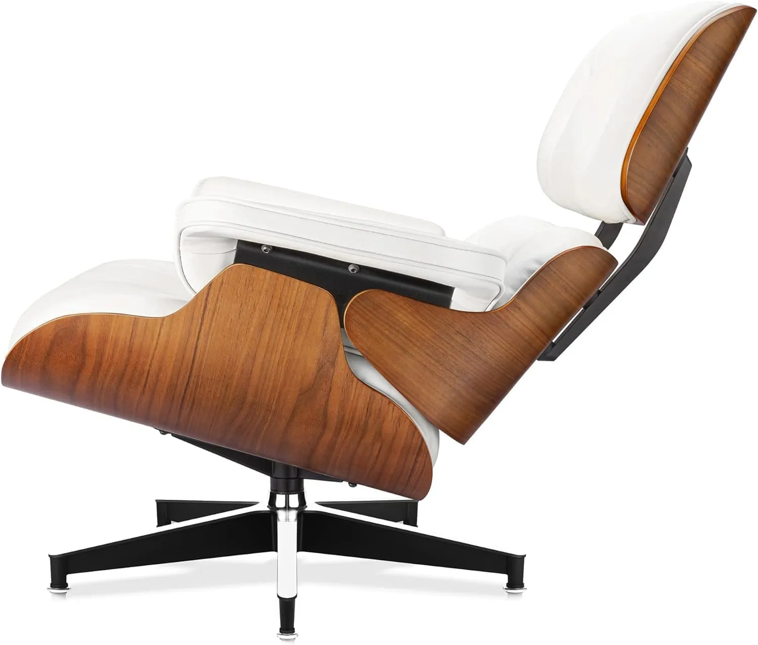 Top White Grain Leather, Mid Century Chaise Lounge Chair and Ottoman, Modern Chair Classic Design, Walnut Wood, Heavy Duty Base Support for Living Room Office