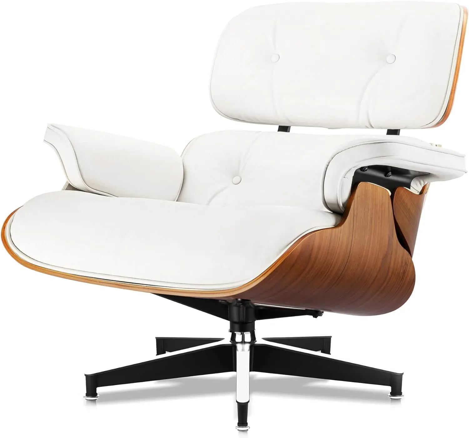 Top White Grain Leather, Mid Century Chaise Lounge Chair and Ottoman, Modern Chair Classic Design, Walnut Wood, Heavy Duty Base Support for Living Room Office