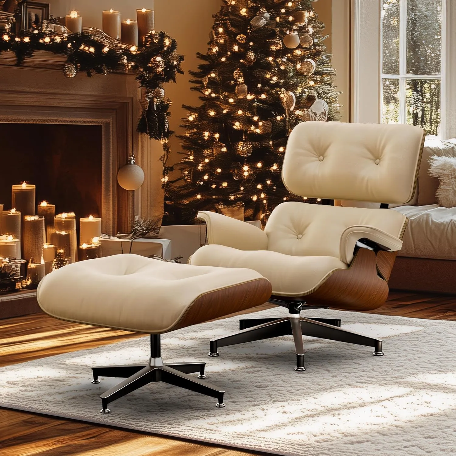 Top White Grain Leather, Mid Century Chaise Lounge Chair and Ottoman, Modern Chair Classic Design, Walnut Wood, Heavy Duty Base Support for Living Room Office
