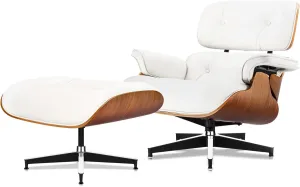 Top White Grain Leather, Mid Century Chaise Lounge Chair and Ottoman, Modern Chair Classic Design, Walnut Wood, Heavy Duty Base Support for Living Room Office