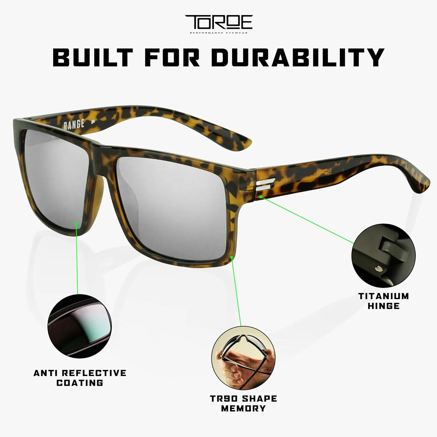 TOROE Classic RANGE TR90 Frame Polarized Unbreakable Sunglasses with Hydrophobic Coated Polycarbonate AR Lenses