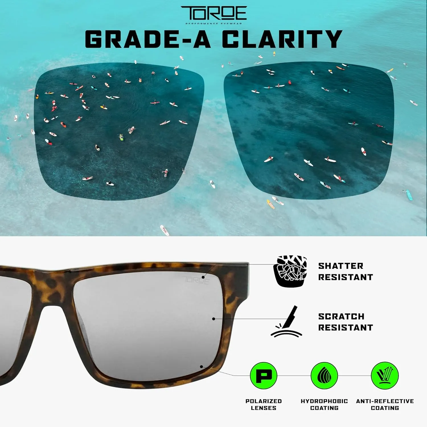 TOROE Classic RANGE TR90 Frame Polarized Unbreakable Sunglasses with Hydrophobic Coated Polycarbonate AR Lenses
