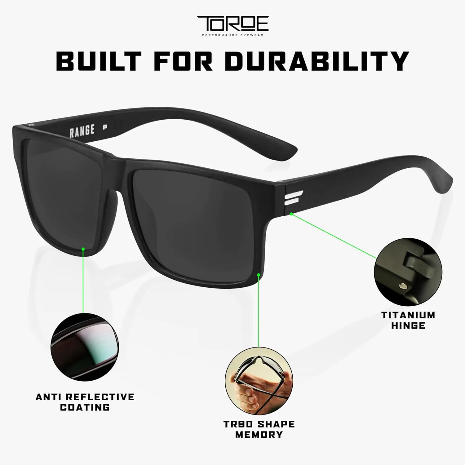 TOROE Classic RANGE TR90 Frame Polarized Unbreakable Sunglasses with Hydrophobic Coated Polycarbonate AR Lenses
