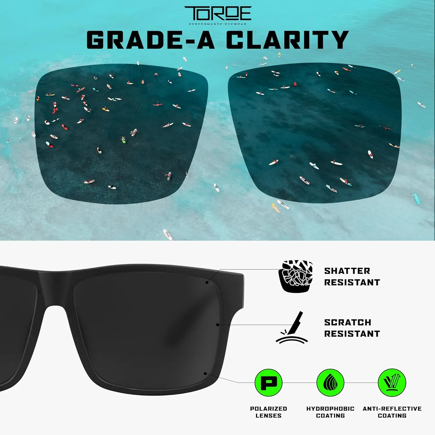 TOROE Classic RANGE TR90 Frame Polarized Unbreakable Sunglasses with Hydrophobic Coated Polycarbonate AR Lenses