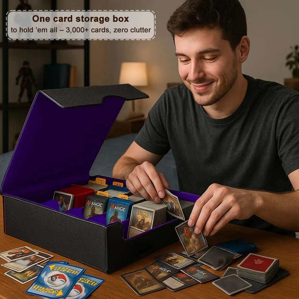 Trading Card Storage Box (3000  Cards Capacity) – Magnetic MTG Deck Box, Waterproof PU Leather, Thickened Material – Includes 24 Dividers, 4 Card Stands, 6 Cleaning Cloths – Card Box for TCG & YuGiOh