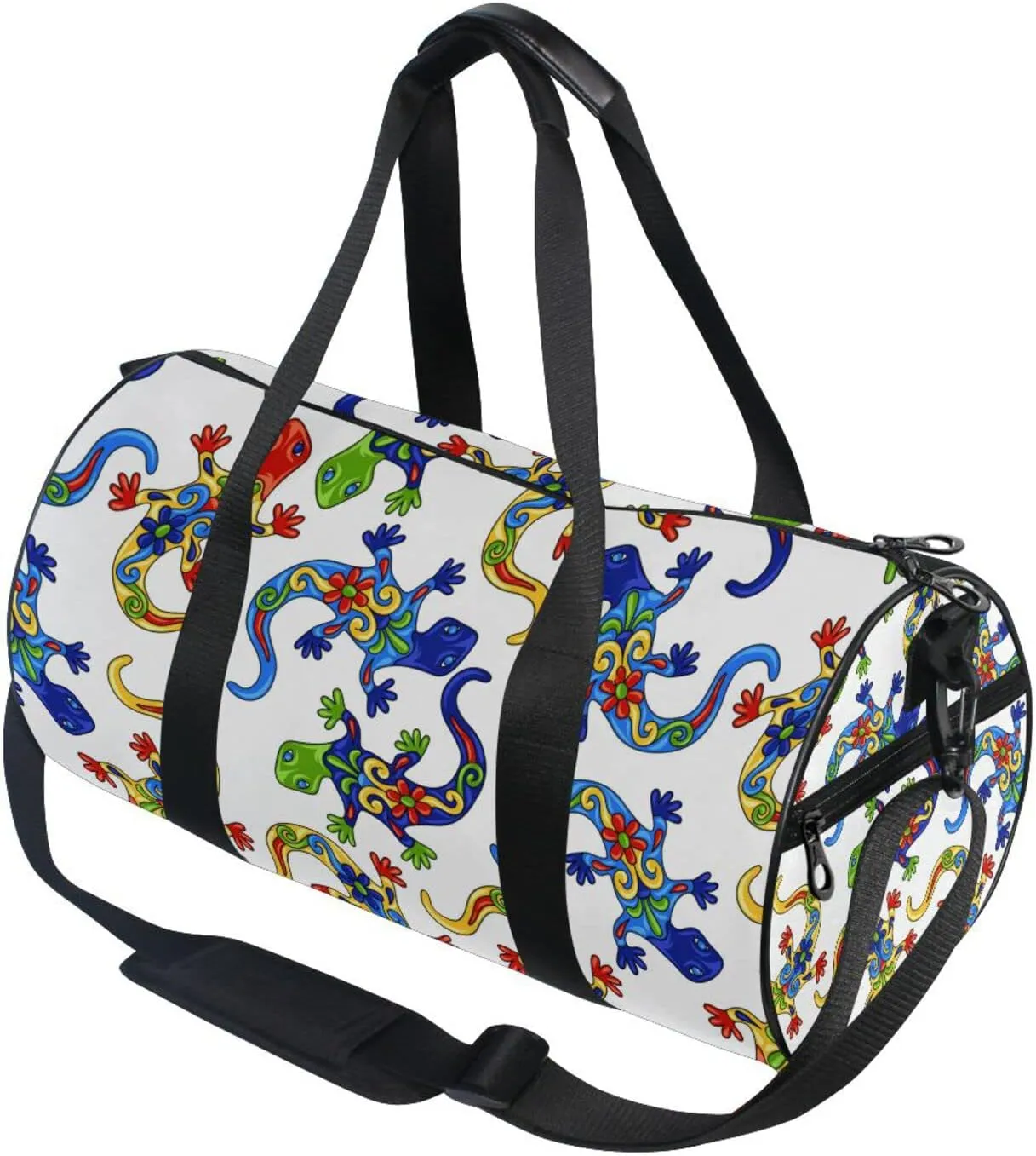 Traditional Mexican Lizards Talavera Ceramic Ethnic Folk Ornament Duffel Bag, Foldable Canvas Travel Tote for Gym Sports with Inner Pockets, Durable Lightweight Fitness Bag for Overnight Workout