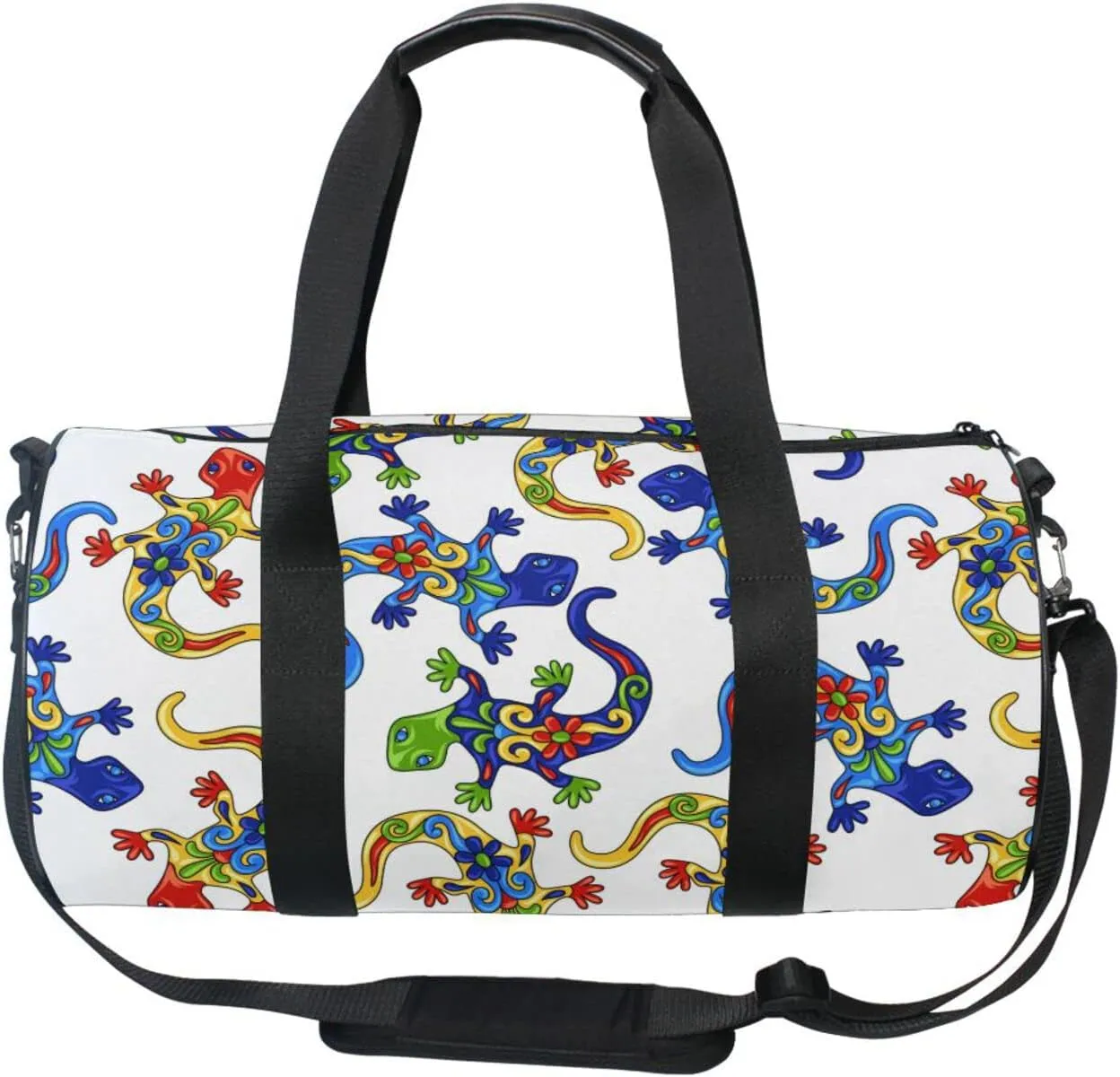 Traditional Mexican Lizards Talavera Ceramic Ethnic Folk Ornament Duffel Bag, Foldable Canvas Travel Tote for Gym Sports with Inner Pockets, Durable Lightweight Fitness Bag for Overnight Workout