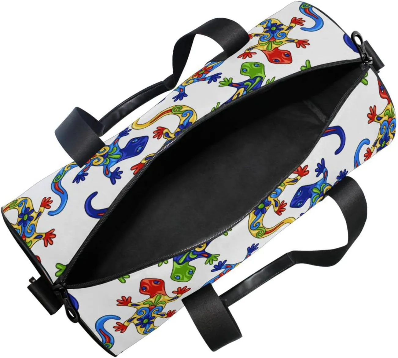 Traditional Mexican Lizards Talavera Ceramic Ethnic Folk Ornament Duffel Bag, Foldable Canvas Travel Tote for Gym Sports with Inner Pockets, Durable Lightweight Fitness Bag for Overnight Workout