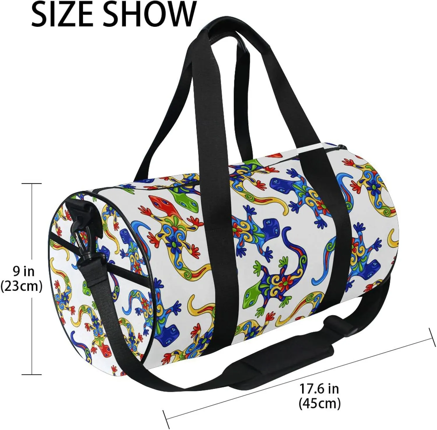 Traditional Mexican Lizards Talavera Ceramic Ethnic Folk Ornament Duffel Bag, Foldable Canvas Travel Tote for Gym Sports with Inner Pockets, Durable Lightweight Fitness Bag for Overnight Workout
