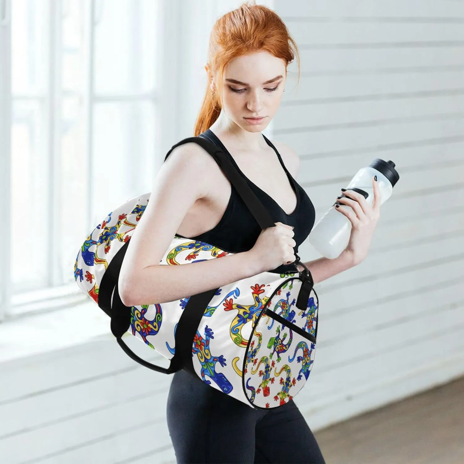 Traditional Mexican Lizards Talavera Ceramic Ethnic Folk Ornament Duffel Bag, Foldable Canvas Travel Tote for Gym Sports with Inner Pockets, Durable Lightweight Fitness Bag for Overnight Workout