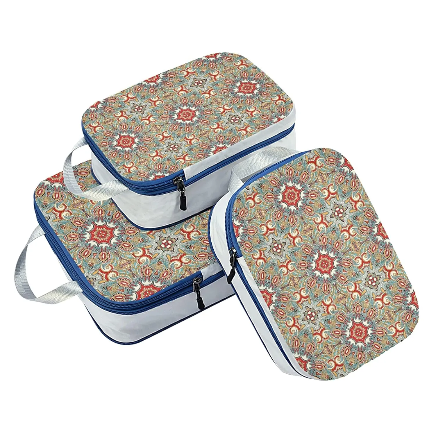 Traditional Ornamental Floral Paisley Flower 3 Set Packing Cubes, Waterproof Check Oxford cloth Organizers, Travel Packing Toiletry Storage Bag