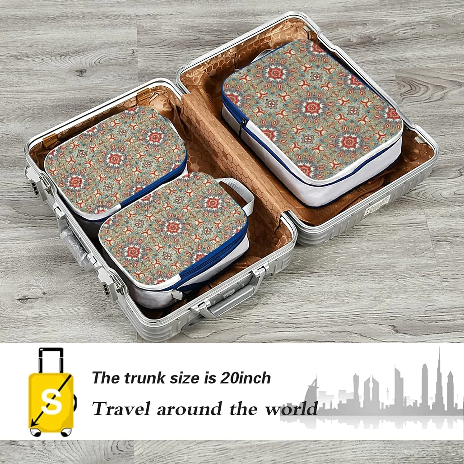 Traditional Ornamental Floral Paisley Flower 3 Set Packing Cubes, Waterproof Check Oxford cloth Organizers, Travel Packing Toiletry Storage Bag