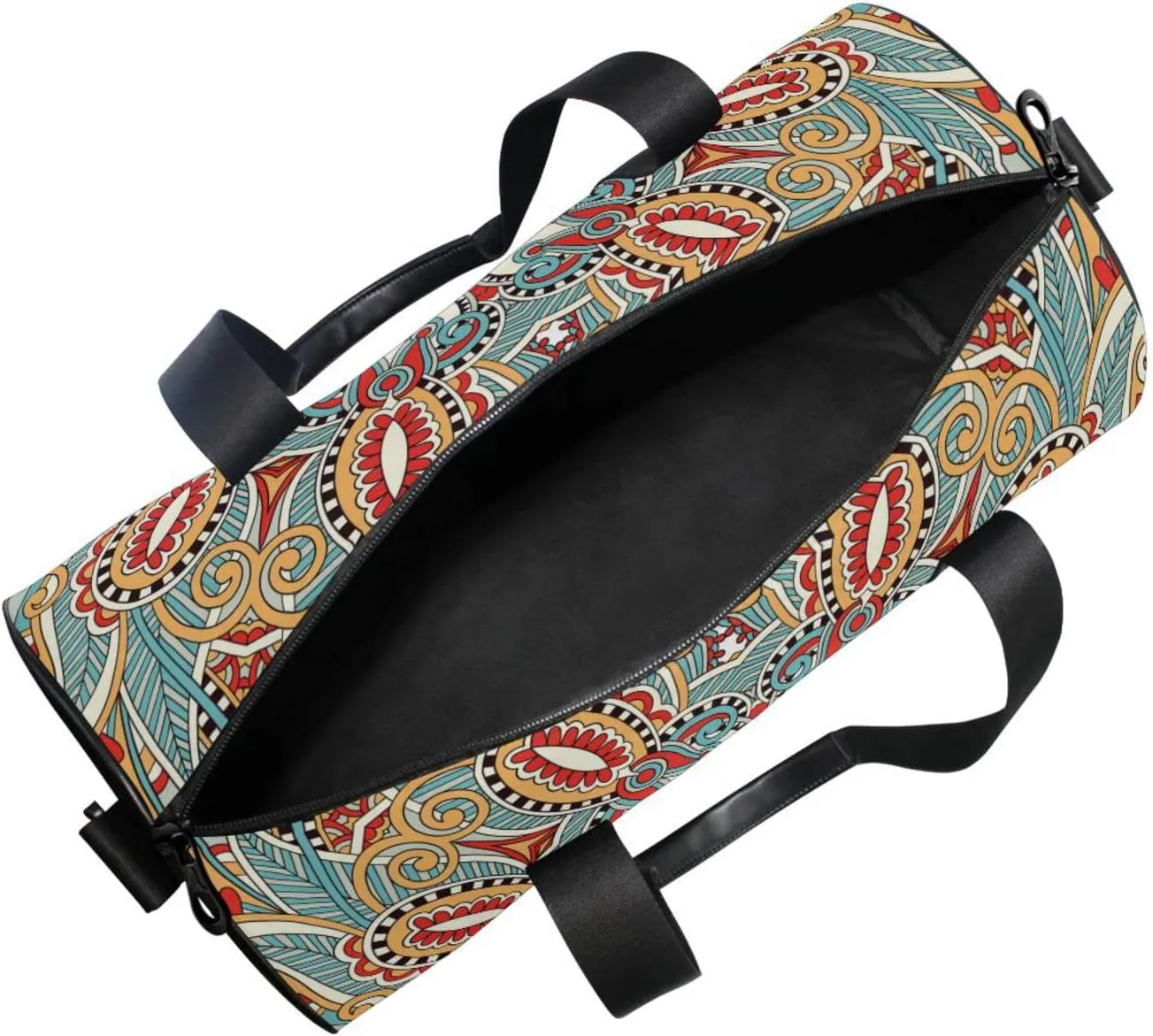 Traditional Ornamental Floral Paisley Flower Duffel Bag, Foldable Canvas Travel Tote for Gym Sports with Inner Pockets, Durable Lightweight Fitness Bag for Overnight Workout
