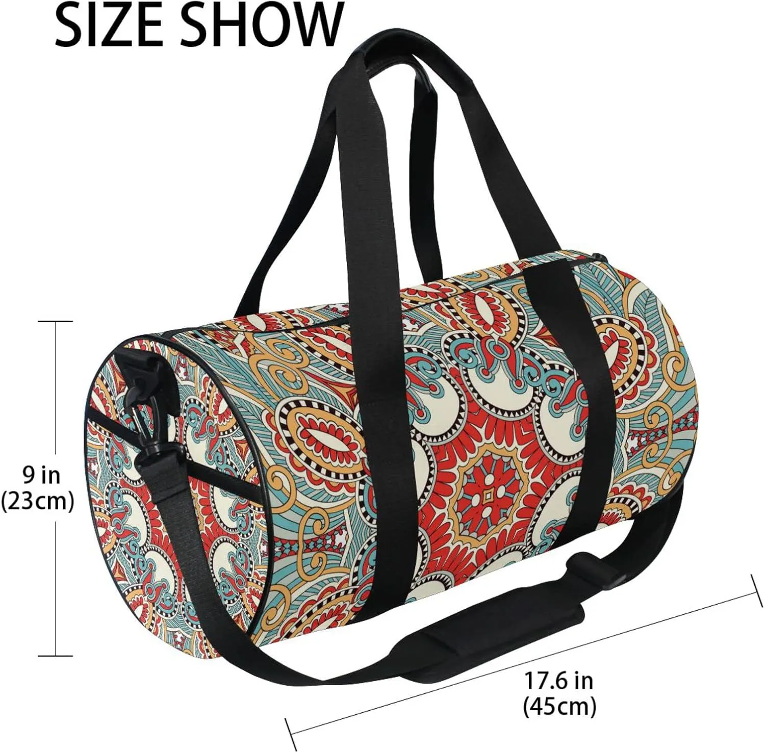 Traditional Ornamental Floral Paisley Flower Duffel Bag, Foldable Canvas Travel Tote for Gym Sports with Inner Pockets, Durable Lightweight Fitness Bag for Overnight Workout