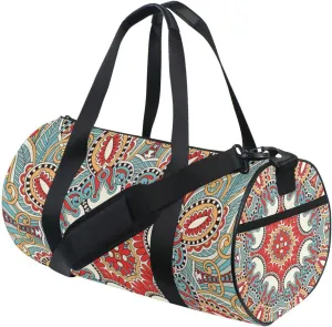 Traditional Ornamental Floral Paisley Flower Duffel Bag, Foldable Canvas Travel Tote for Gym Sports with Inner Pockets, Durable Lightweight Fitness Bag for Overnight Workout