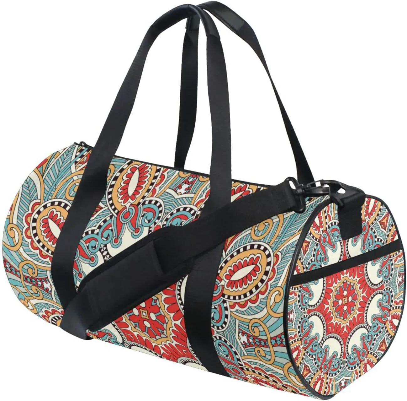 Traditional Ornamental Floral Paisley Flower Duffel Bag, Foldable Canvas Travel Tote for Gym Sports with Inner Pockets, Durable Lightweight Fitness Bag for Overnight Workout