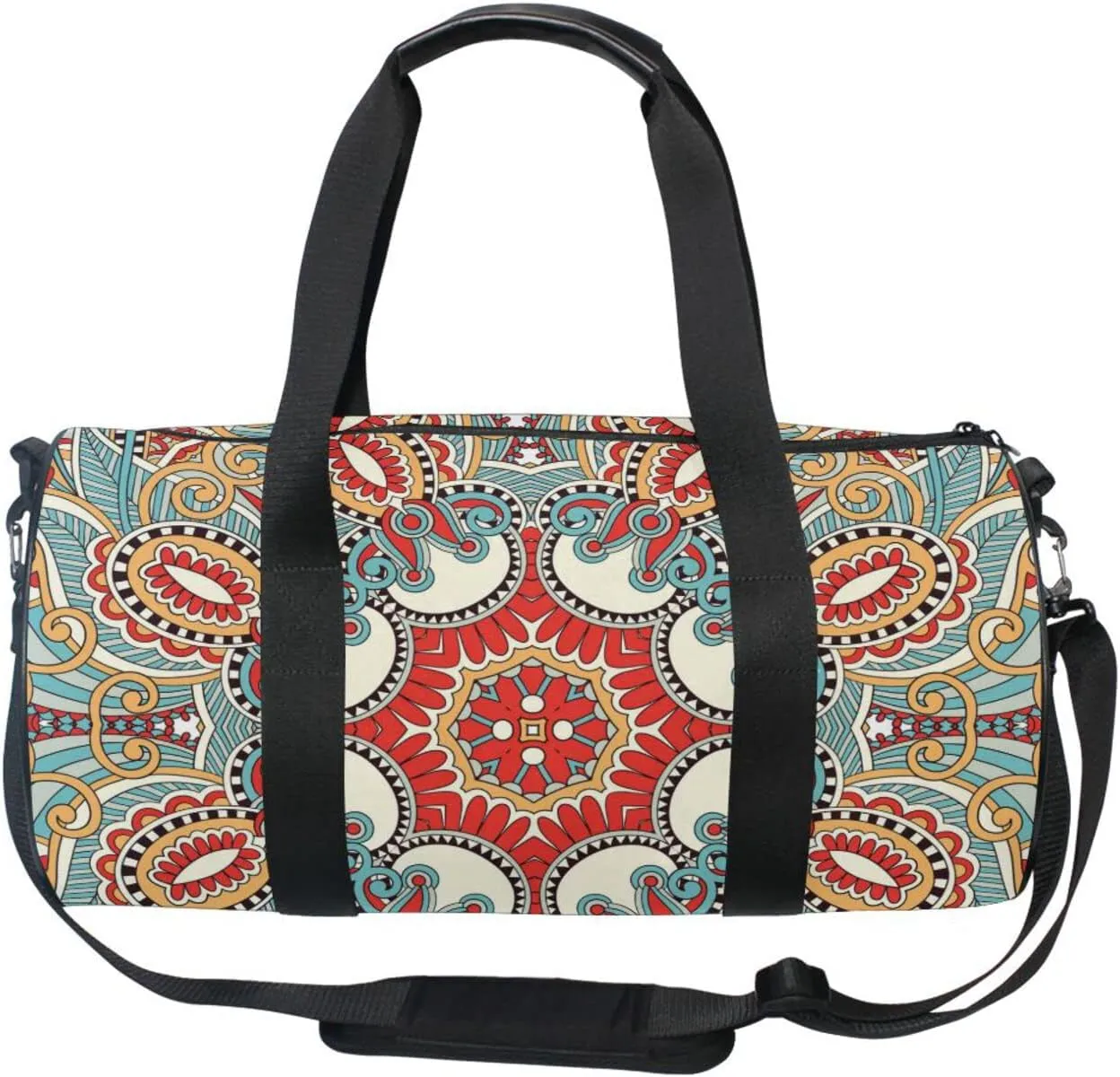 Traditional Ornamental Floral Paisley Flower Duffel Bag, Foldable Canvas Travel Tote for Gym Sports with Inner Pockets, Durable Lightweight Fitness Bag for Overnight Workout