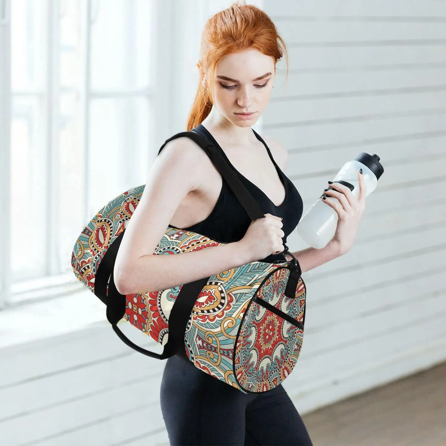 Traditional Ornamental Floral Paisley Flower Duffel Bag, Foldable Canvas Travel Tote for Gym Sports with Inner Pockets, Durable Lightweight Fitness Bag for Overnight Workout