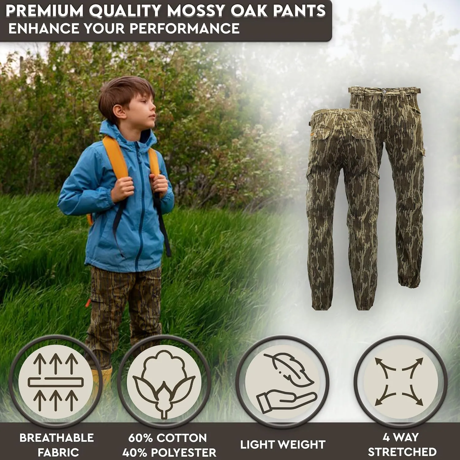 TrailCrest Youth Kids Camo Hunting Cargo Pants | 6 Pockets | Mossy Oak Break-Up Country™ (Improved Specs)