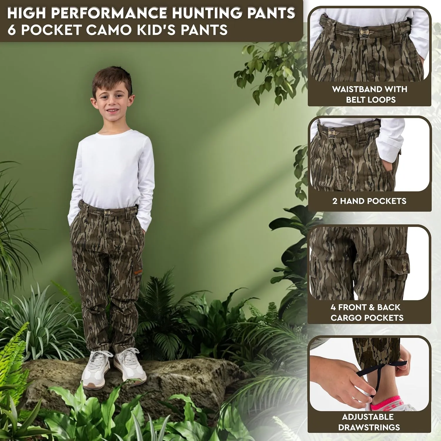 TrailCrest Youth Kids Camo Hunting Cargo Pants | 6 Pockets | Mossy Oak Break-Up Country™ (Improved Specs)