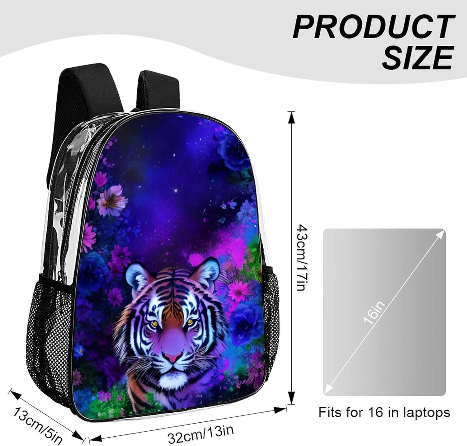 Transparent Daypack Bookbag for Gym Business Bicycle - Large Capacity Multipurpose Anti-Theft Carry On Bag, Beautiful Wild Animal Tiger Abstract Florals Art Travel Hiking Daypack