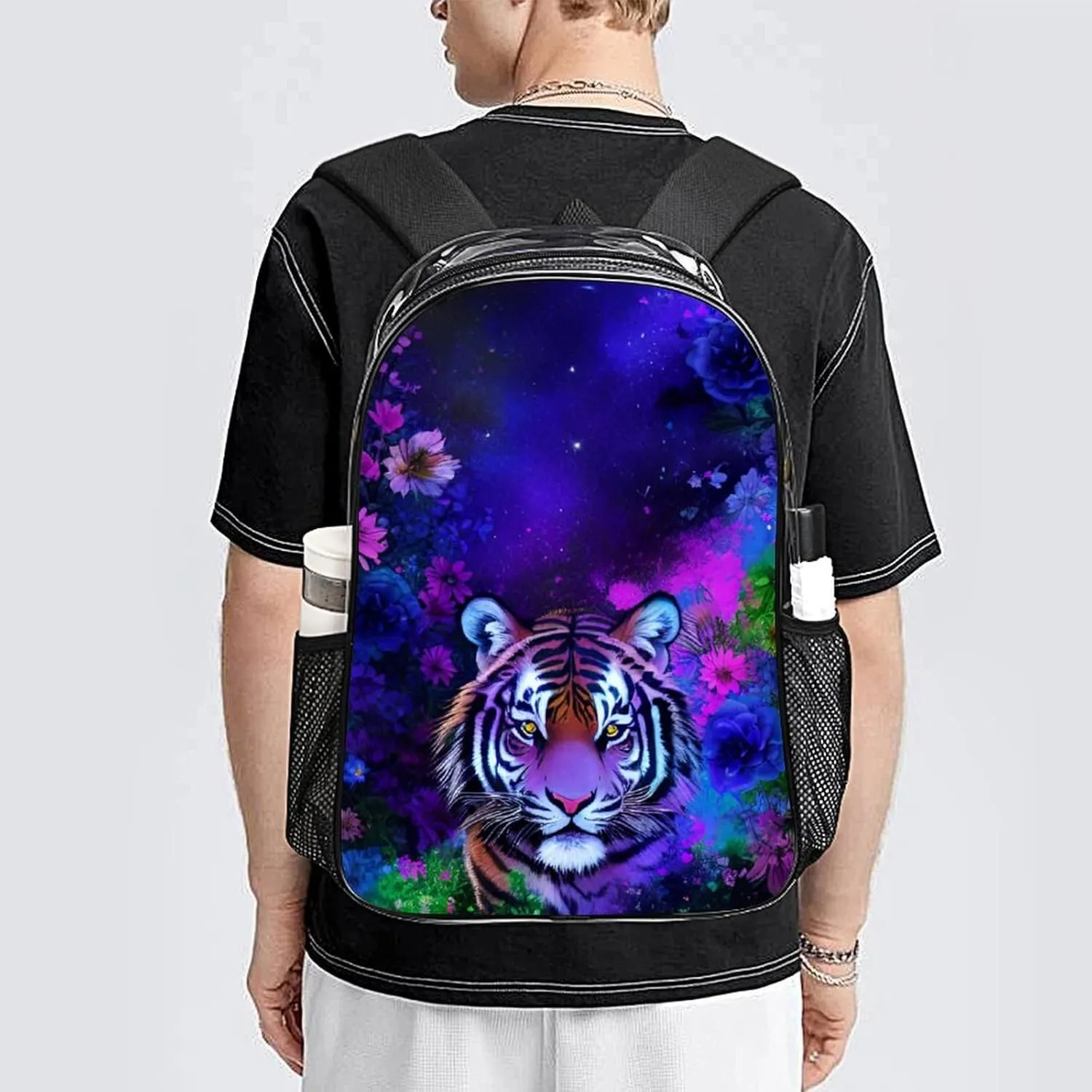 Transparent Daypack Bookbag for Gym Business Bicycle - Large Capacity Multipurpose Anti-Theft Carry On Bag, Beautiful Wild Animal Tiger Abstract Florals Art Travel Hiking Daypack