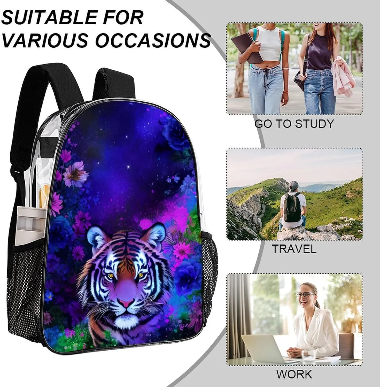 Transparent Daypack Bookbag for Gym Business Bicycle - Large Capacity Multipurpose Anti-Theft Carry On Bag, Beautiful Wild Animal Tiger Abstract Florals Art Travel Hiking Daypack