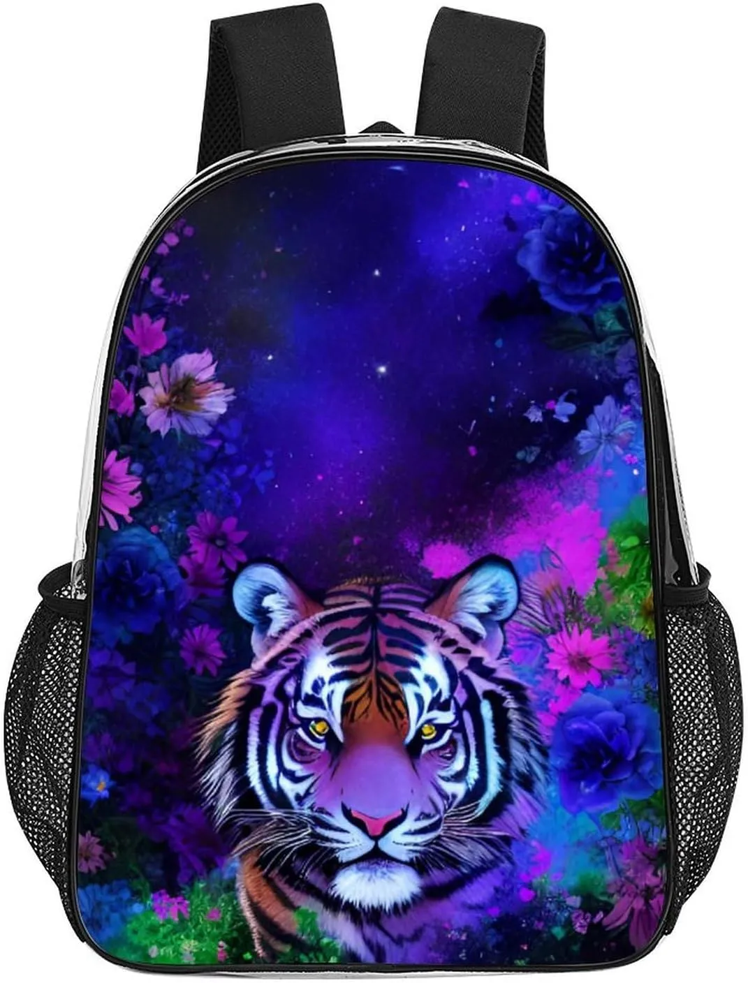 Transparent Daypack Bookbag for Gym Business Bicycle - Large Capacity Multipurpose Anti-Theft Carry On Bag, Beautiful Wild Animal Tiger Abstract Florals Art Travel Hiking Daypack